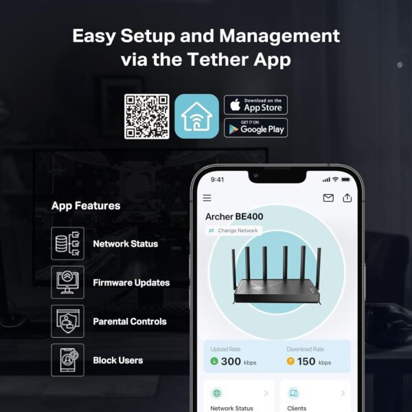 TP-Link Roteador Wi-Fi 7 de banda dupla Archer BE6500 (Archer BE400) | Portas duplas de 2,5 Gbps USB 3.0 | Cobre até 90 dispositivos | CPU Quad-core | HomeShield, IoT privada para segurança de rede - Imagem 8